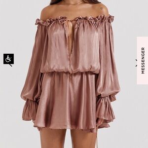 House of CB Chaya Hazelnut Off Shoulder Dress